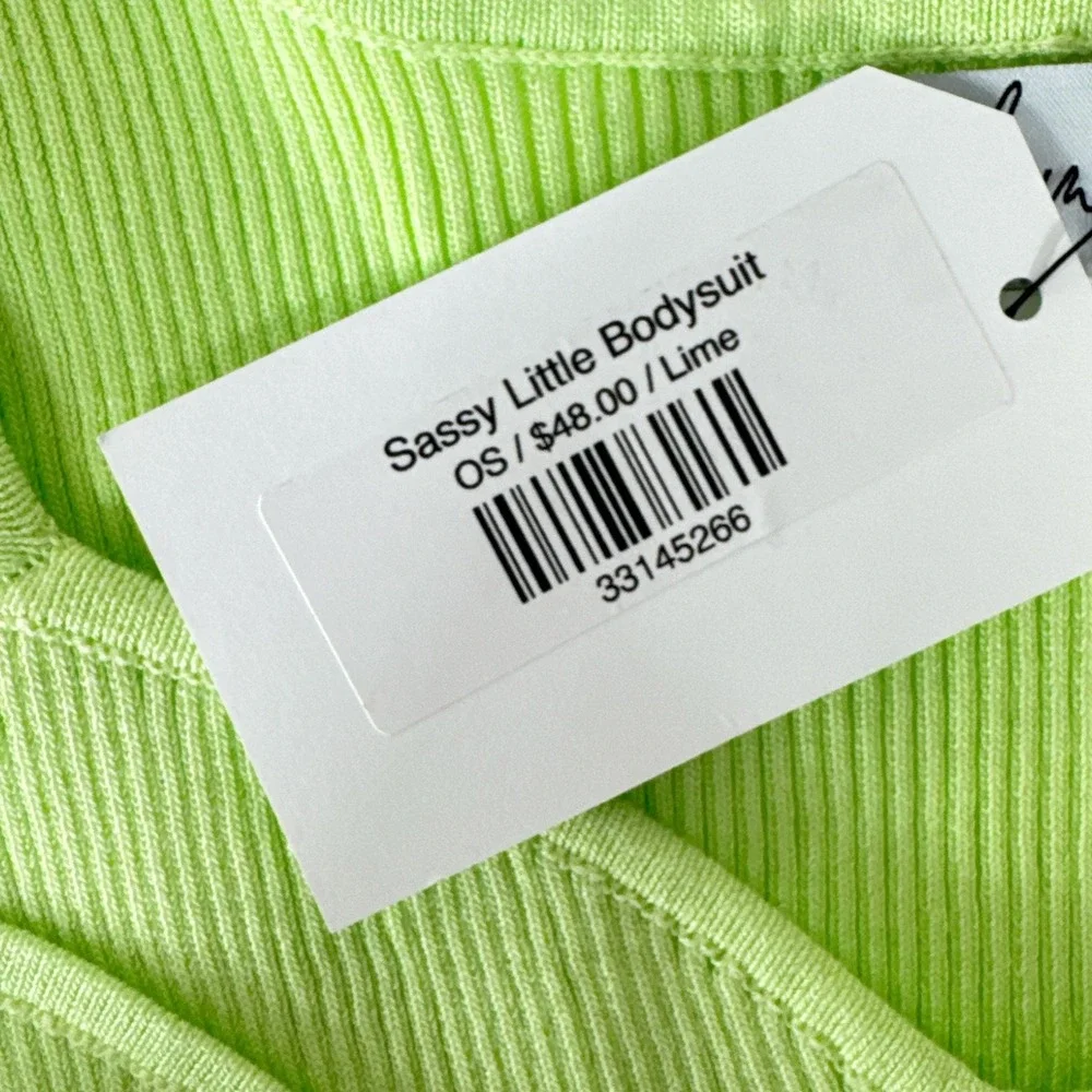 Chic & Honey Lime Green Ribbed Long‎ Sleeve Square Neck Bodysuit OS